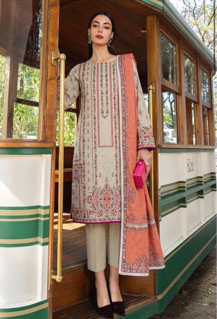 Off White Printed Dobby Lawn 3Pcs Set| Unstitched