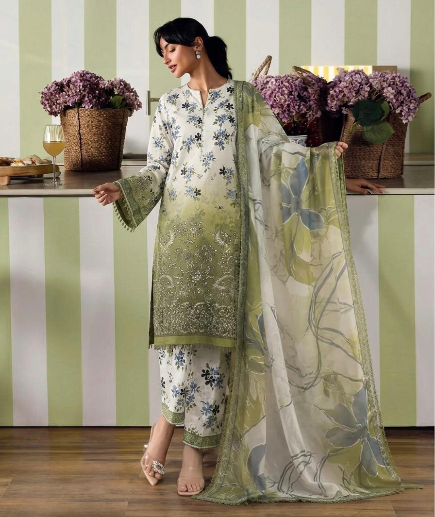 Floral Green Kurta Set with Chiffon Dupatta