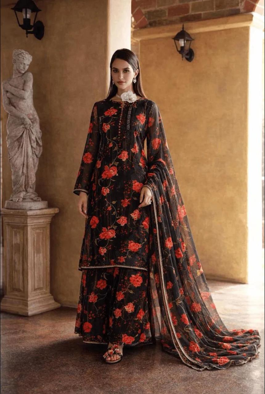 Black Floral Embroidered Lehenga Set with Chiffon Dupatta