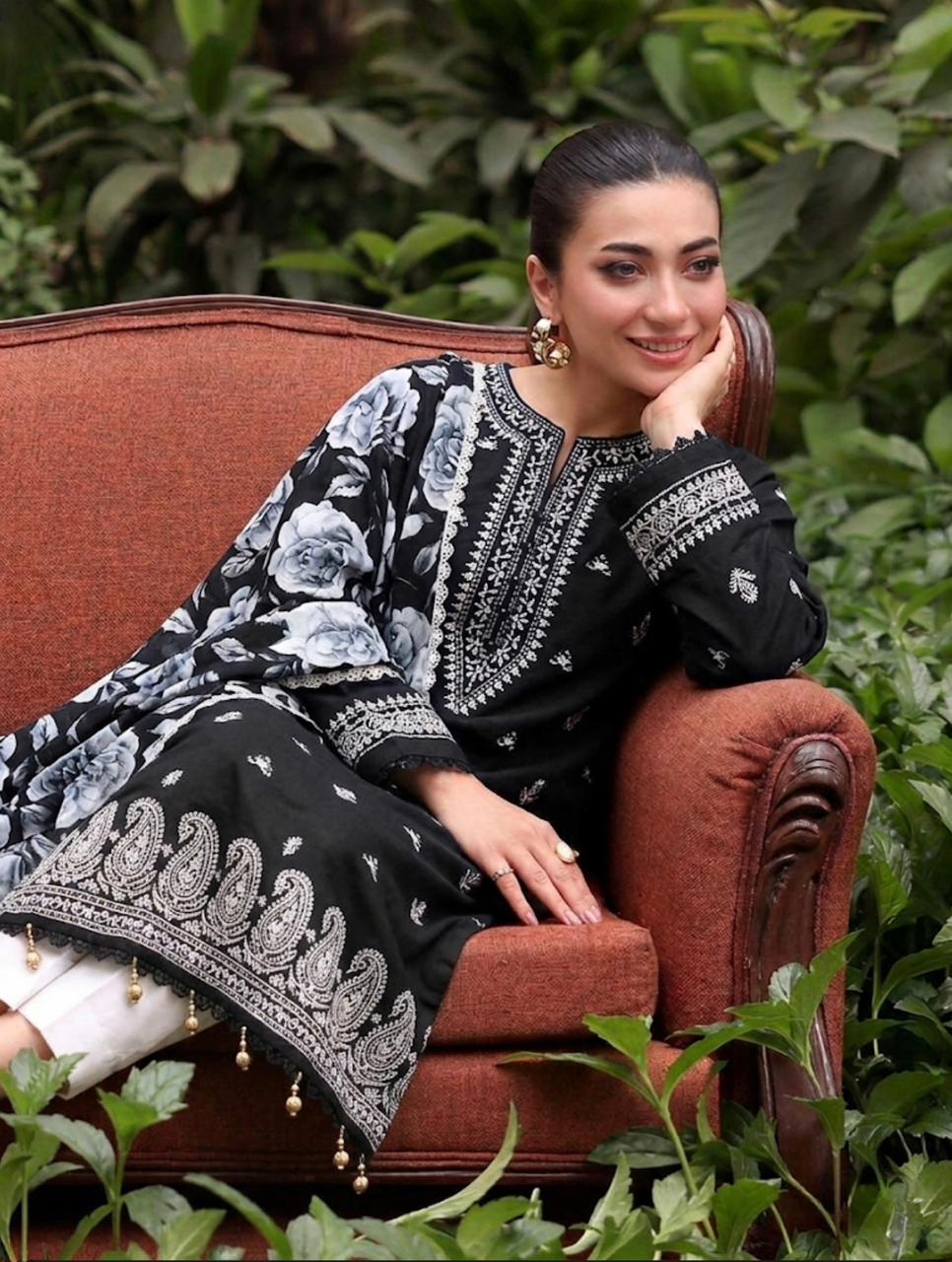 Black Embroidered 3-Piece Lawn Suit for Women