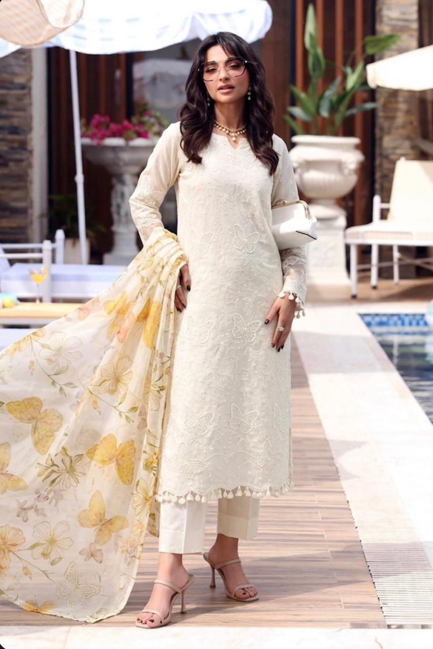 Off White Chikankari Lawn 3Pcs Set