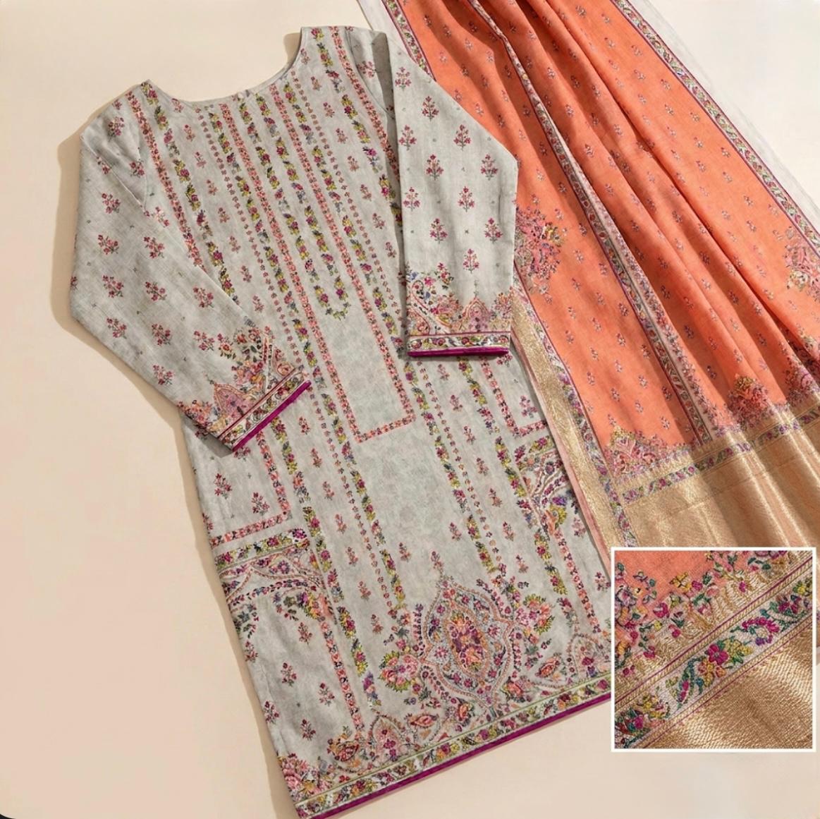 Off White Printed Dobby Lawn 3Pcs Set| Unstitched