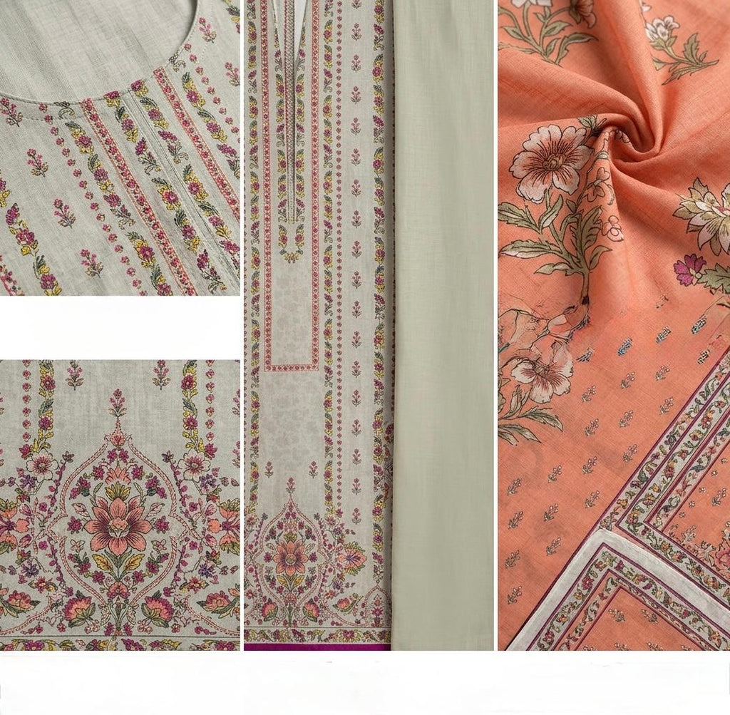 Off White Printed Dobby Lawn 3Pcs Set| Unstitched