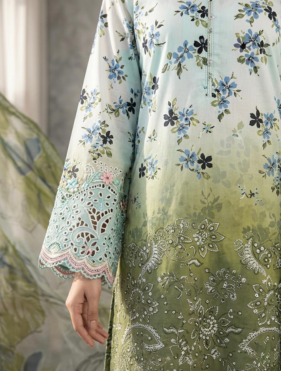 Floral Green Kurta Set with Chiffon Dupatta