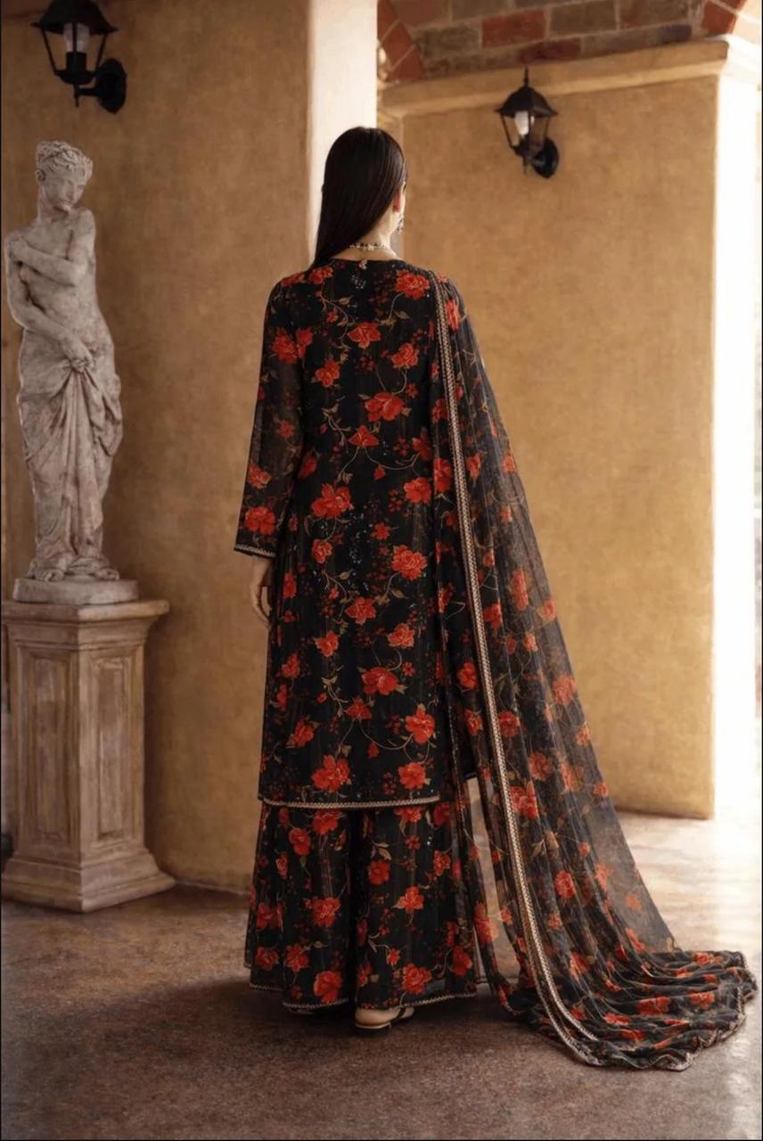 Black Floral Embroidered Lehenga Set with Chiffon Dupatta