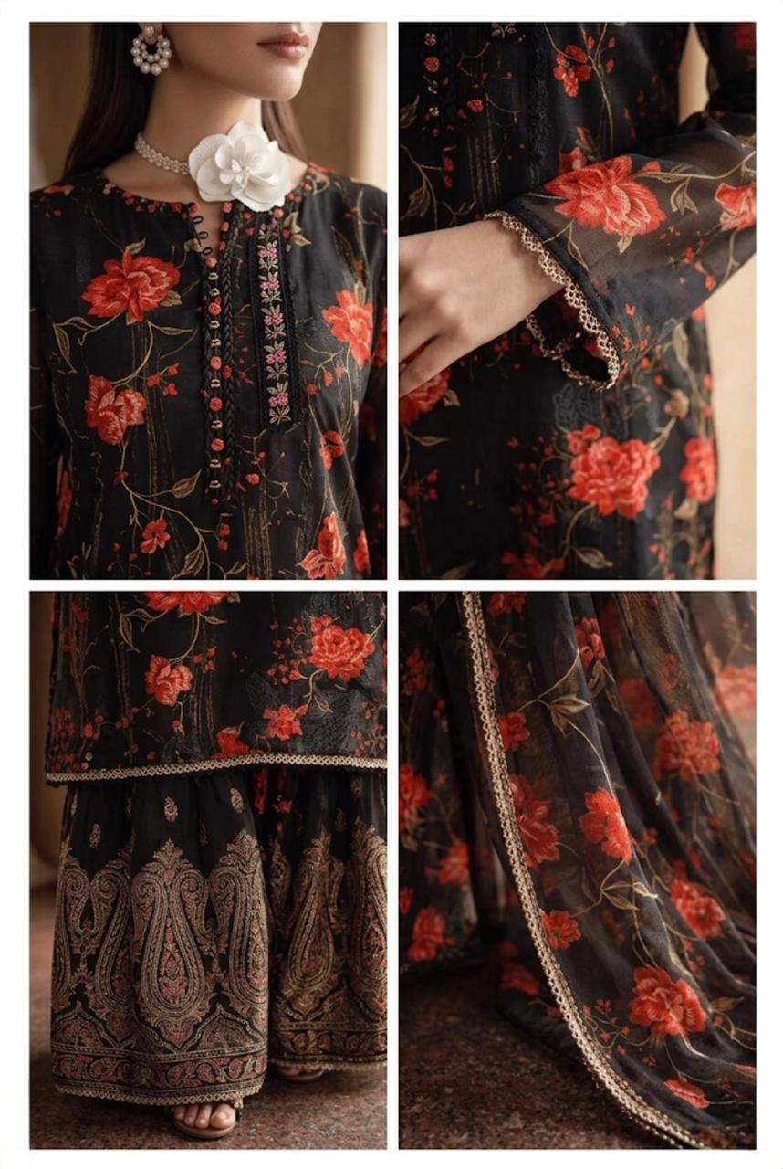 Black Floral Embroidered Lehenga Set with Chiffon Dupatta