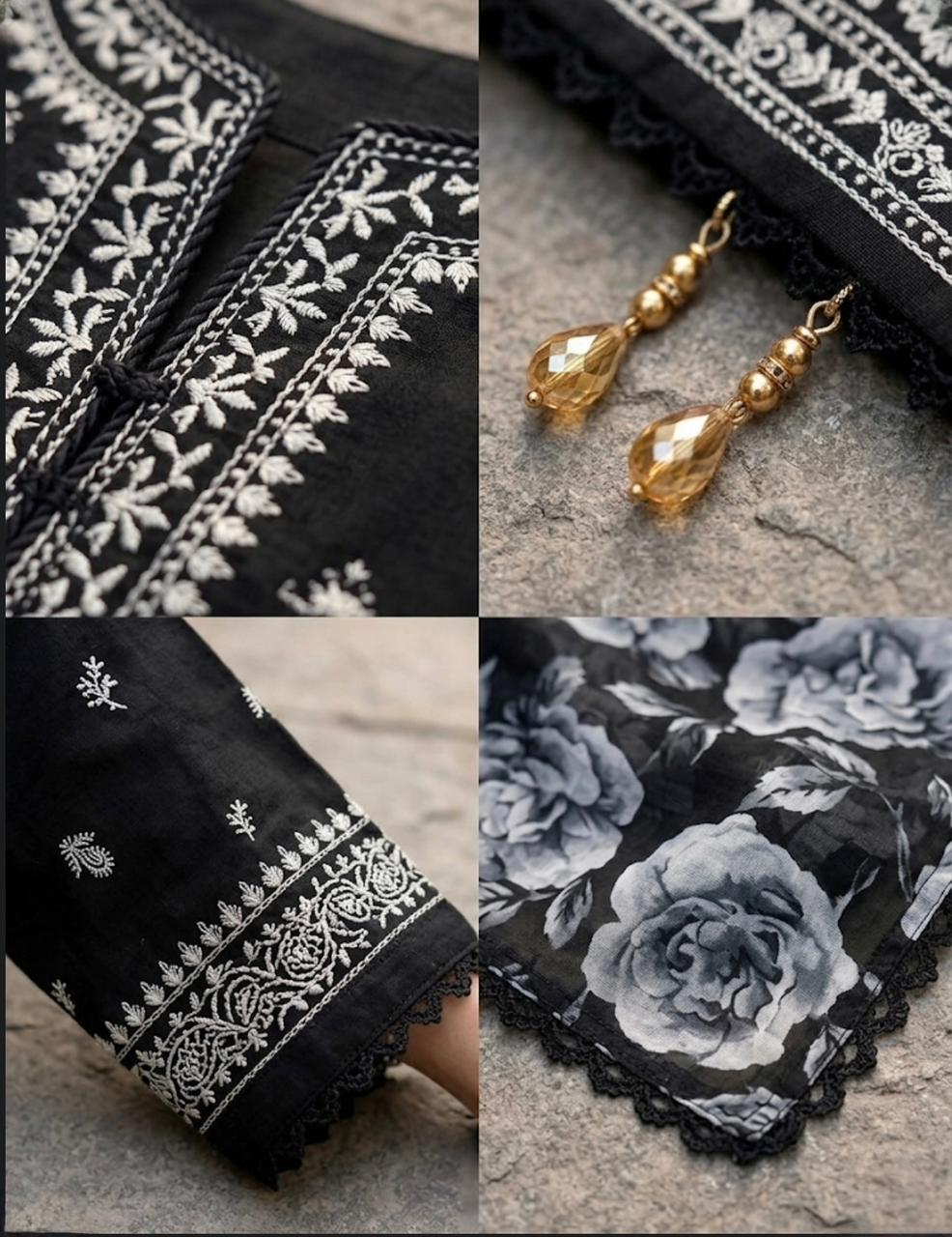 Black Embroidered 3-Piece Lawn Suit for Women
