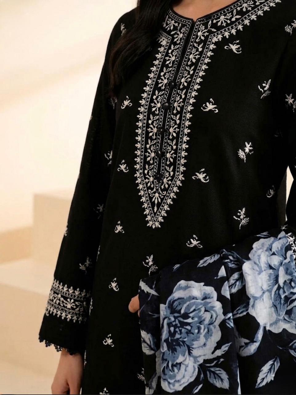 Black Embroidered 3-Piece Lawn Suit for Women